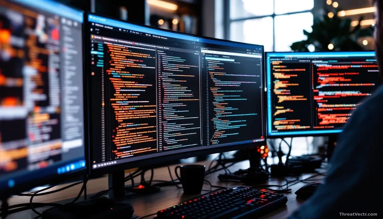 A software developer's workspace with multiple monitors showing Ruby code and package registry interfaces, with digital traces or data flow visualizations sugge