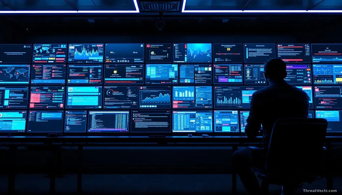 A security operations center with wall-mounted screens displaying threat alerts and warnings, the majority of onscreen alerts labeled or colored to indicate AI