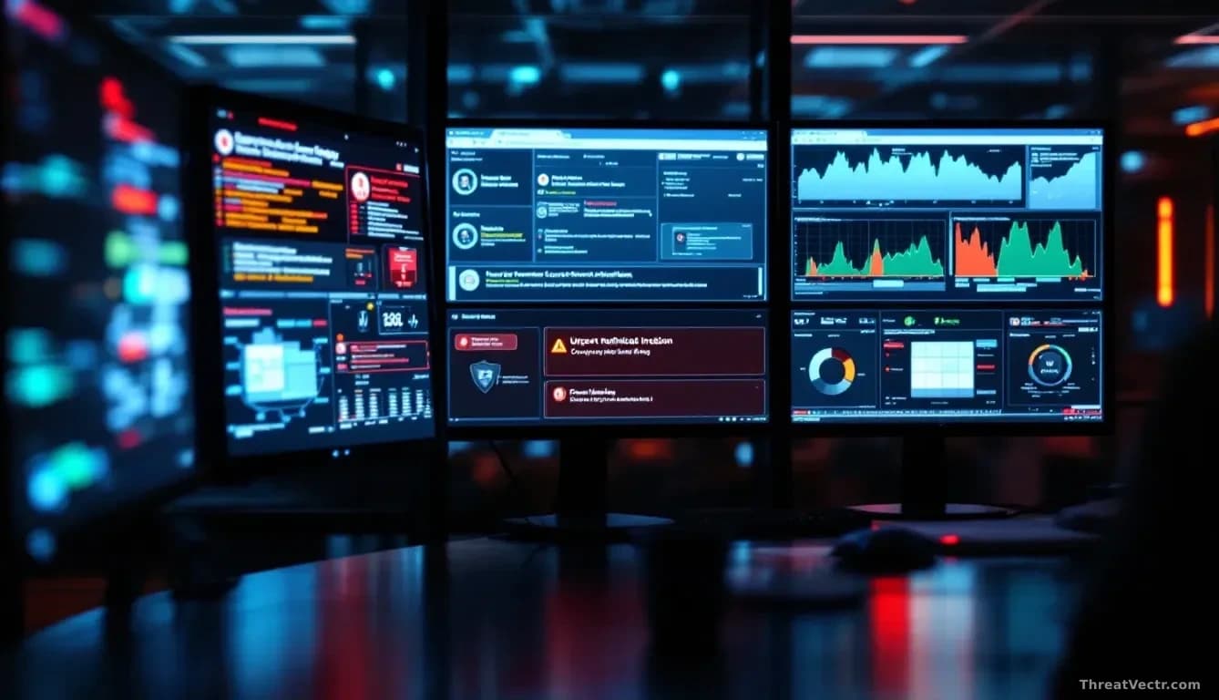 A network operations center with multiple security monitoring screens displaying alerts and warnings, three different product logos or interface elements visibl
