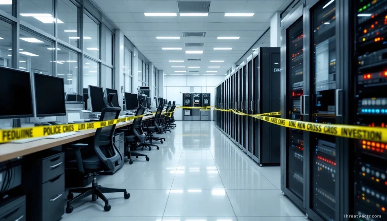 A pharmaceutical research facility or clinical trial office with computer workstations and file storage, with security tape or police investigation markers visi