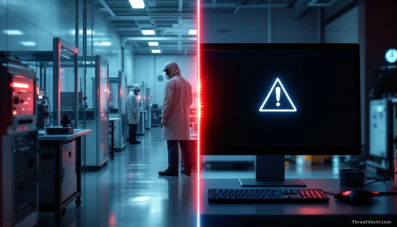 A split-screen showing a controlled lab testing environment on one side with isolated equipment, and on the other side a breach alarm or unauthorized access ale