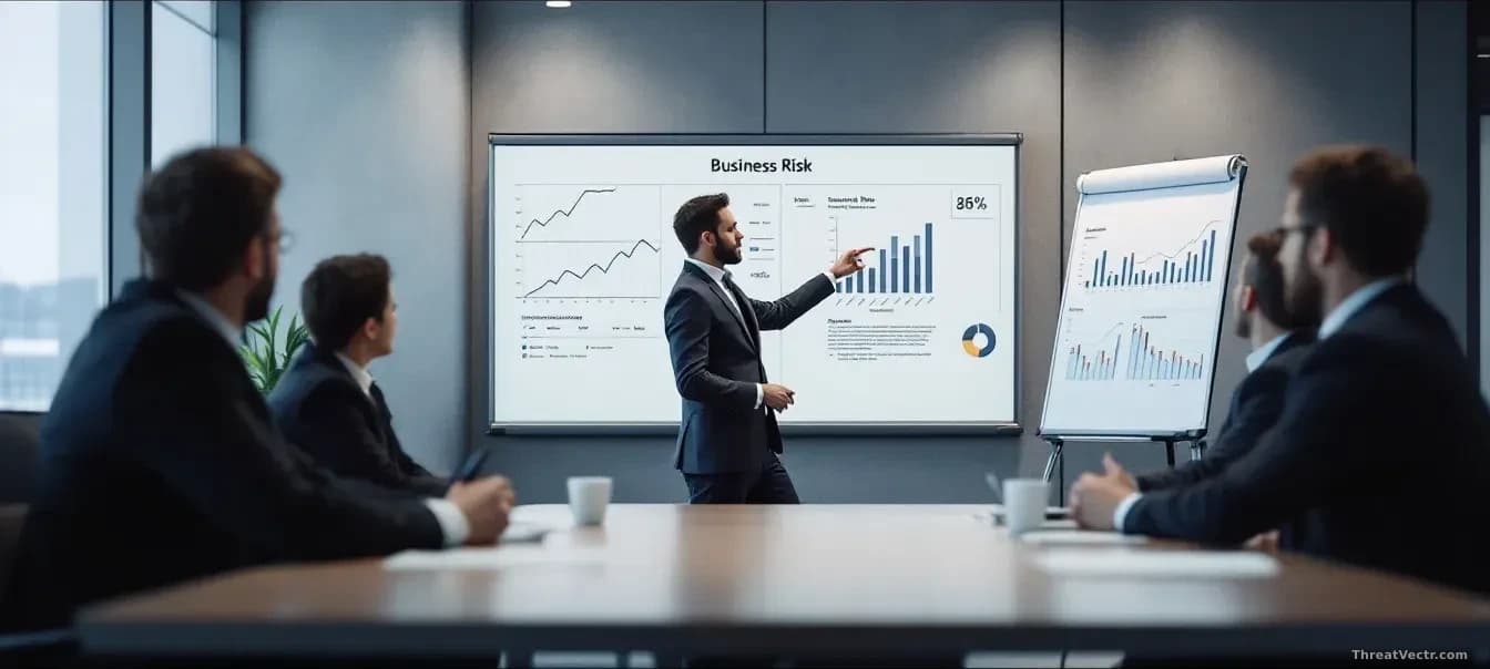 A conference room scene where a security professional stands at a whiteboard presenting business risk metrics and graphs to corporate executives in suits, techn