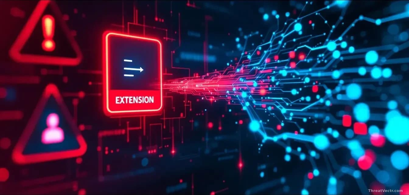 A streaming platform interface on a monitor with a browser extension icon highlighted in red, data packets flowing digitally across the screen toward an obscure