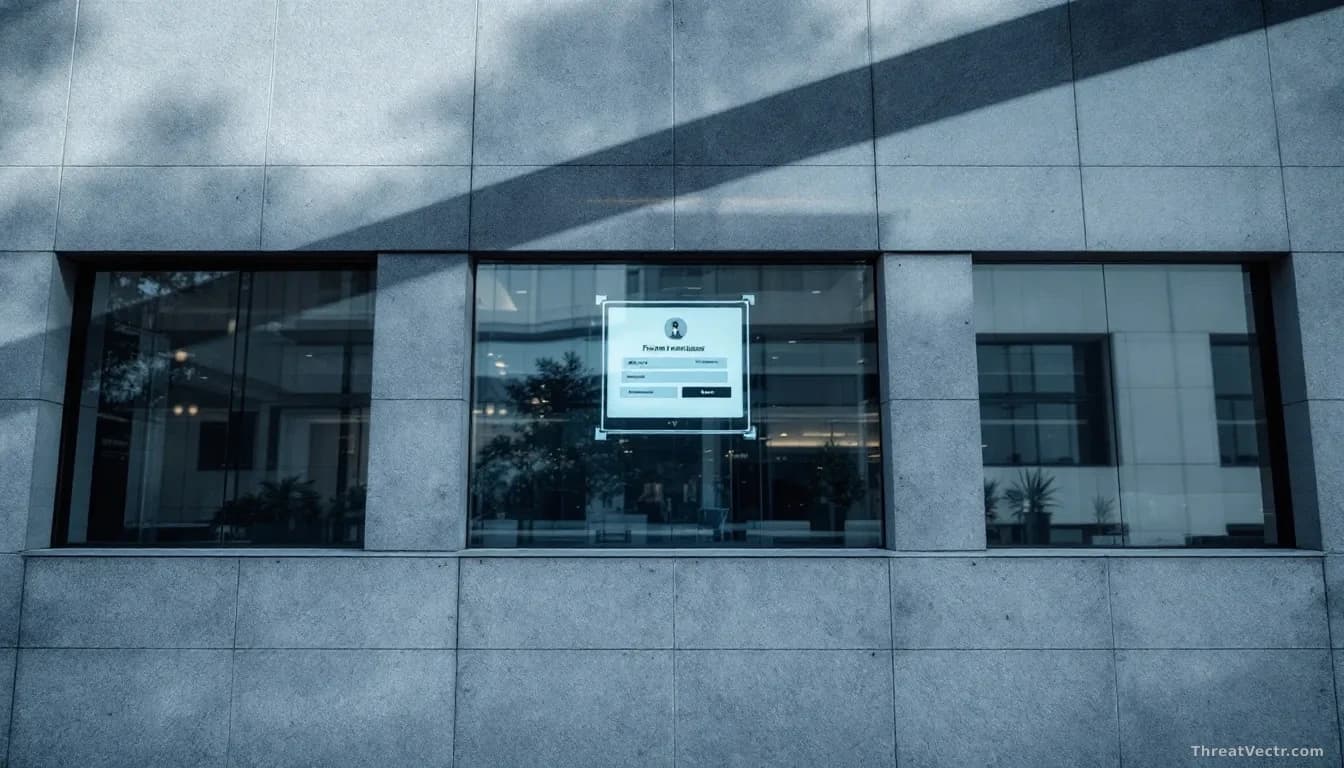 A government building's facade with a subtle reflection of a computer screen in its windows showing a fintech app interface, suggesting official authority maski