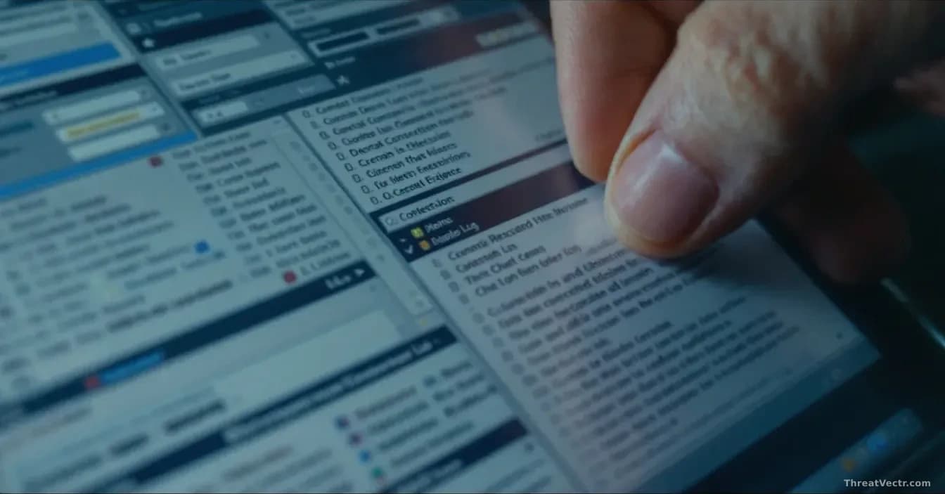 Close-up of a computer screen displaying dense pages of conversation transcripts and chat logs, with a lawyer's hand holding pages of deposited evidence visible