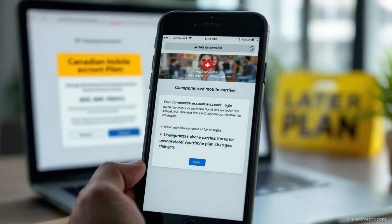 A smartphone screen showing compromised account login alerts and unauthorized phone plan changes, Canadian mobile carrier customer service portal open in backgr
