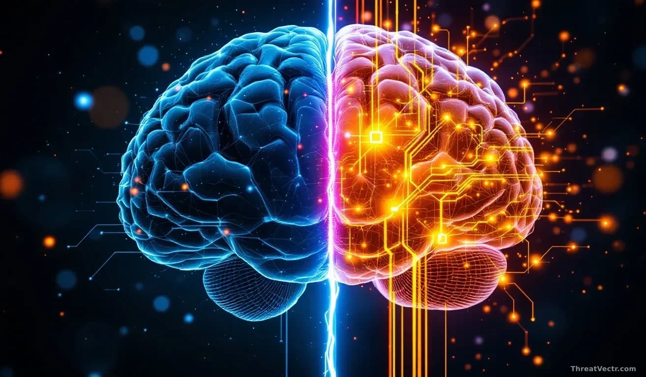 A split-screen perspective: on one side a human brain with AI integration showing enhanced capabilities, on the other the same brain with dulled critical thinki
