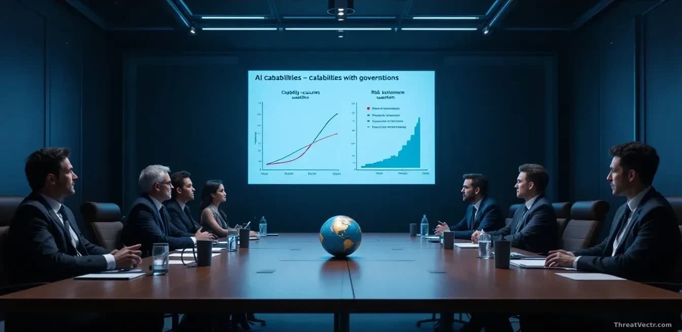 A conference room with policy experts and researchers discussing AI capabilities, presentation slides showing capability curves and risk charts, a globe on the