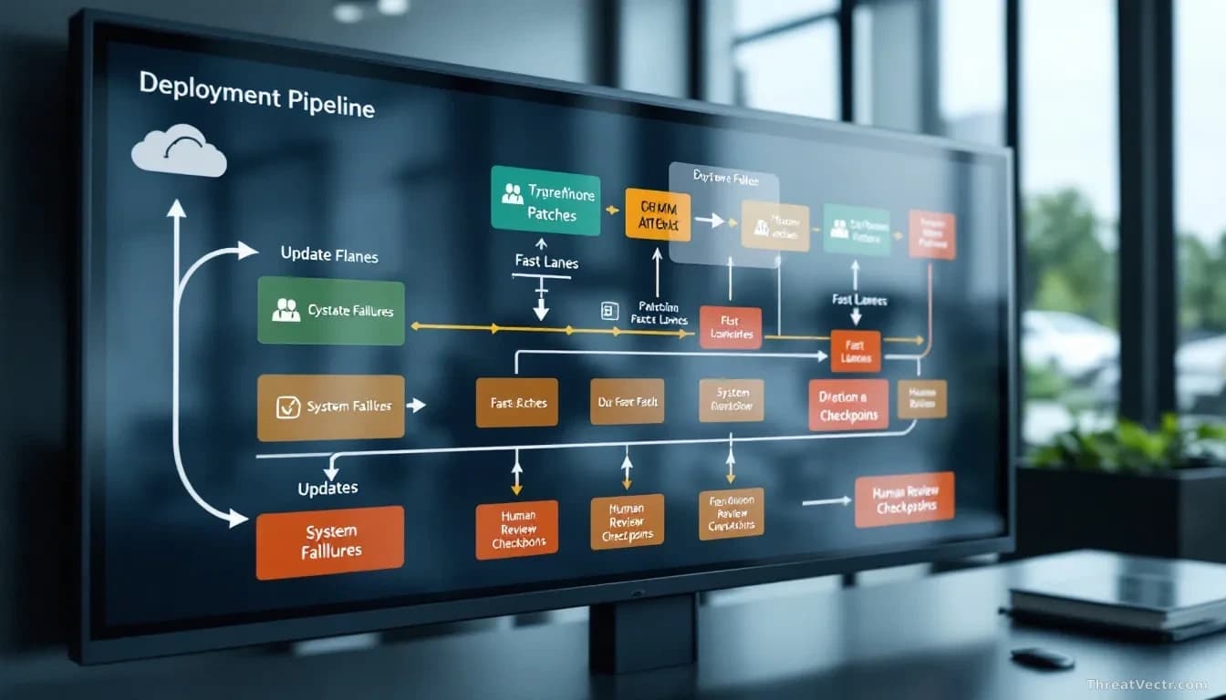 A software deployment pipeline diagram displayed on a large monitor, showing update stages with some patches moving through fast lanes causing system failures w