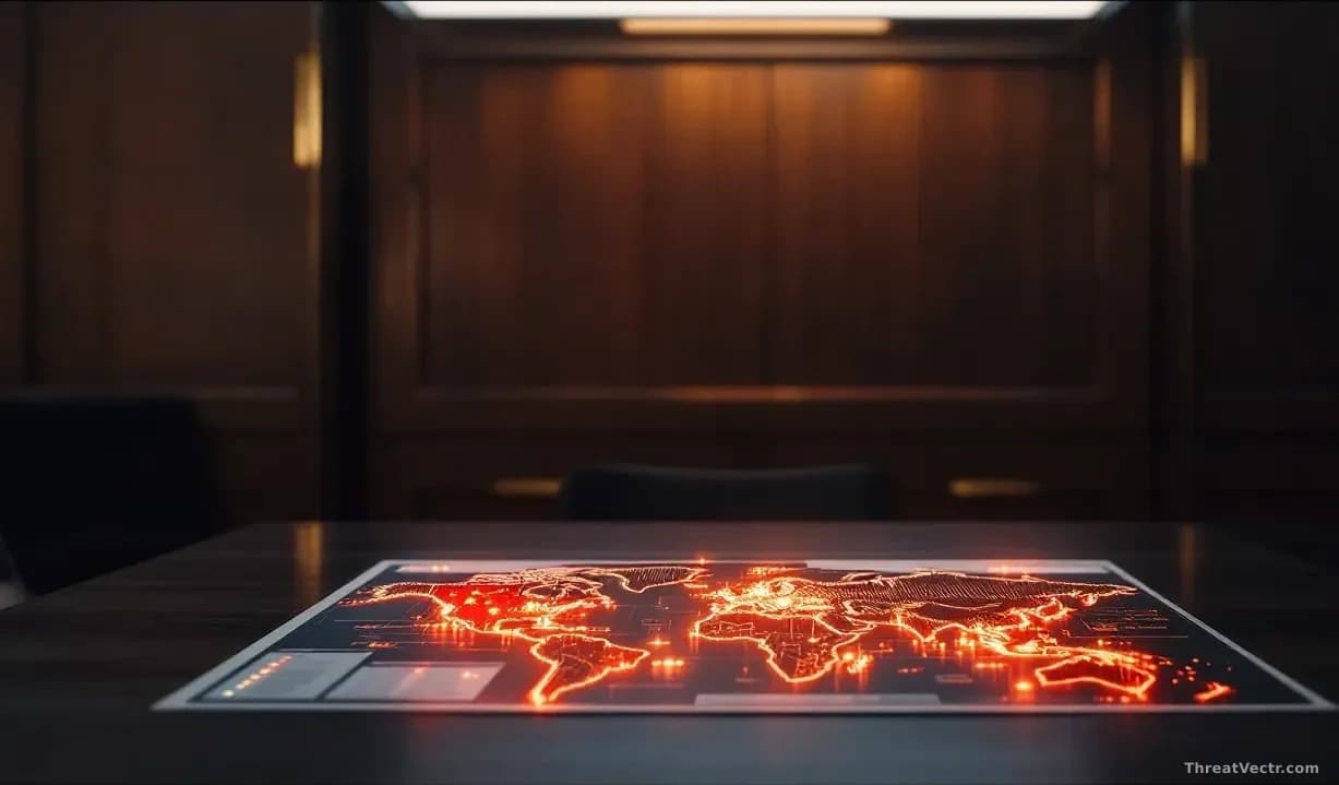 A diplomatic setting with an American technology policy document on one side and Chinese diplomatic statements on the other, a world map with AI development hub