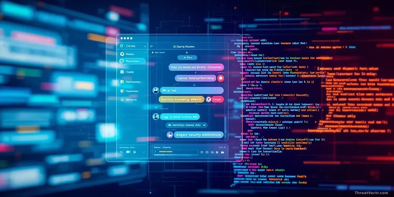A layered split-screen showing AI agent automation workflows on the left, WeChat interface with suspicious forwarding patterns in the center, and legacy securit
