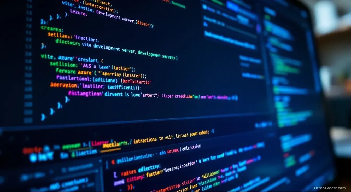 A web browser showing a Vite development server directory listing exposed online, AWS and Azure credential strings visible in configuration files, scanner outpu