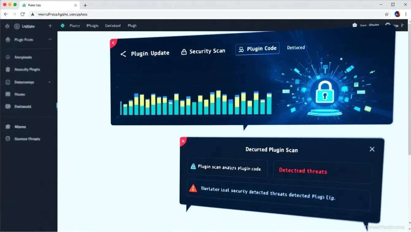 A WordPress dashboard with the plugin update screen open, security scan progress bars showing active analysis of plugin code, detected threats flagged in red