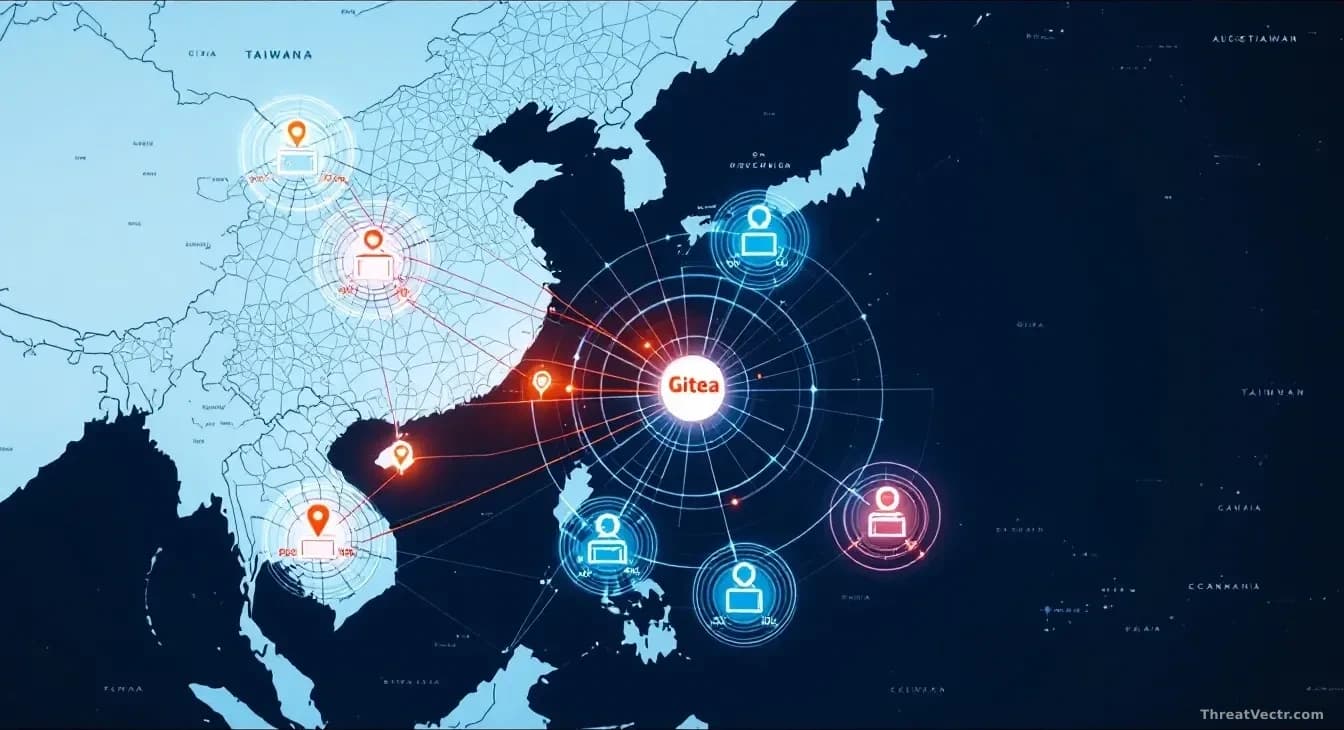 A map showing Taiwan and six other countries highlighted, with a network diagram overlaid displaying Gitea repository servers and scanning patterns radiating ou