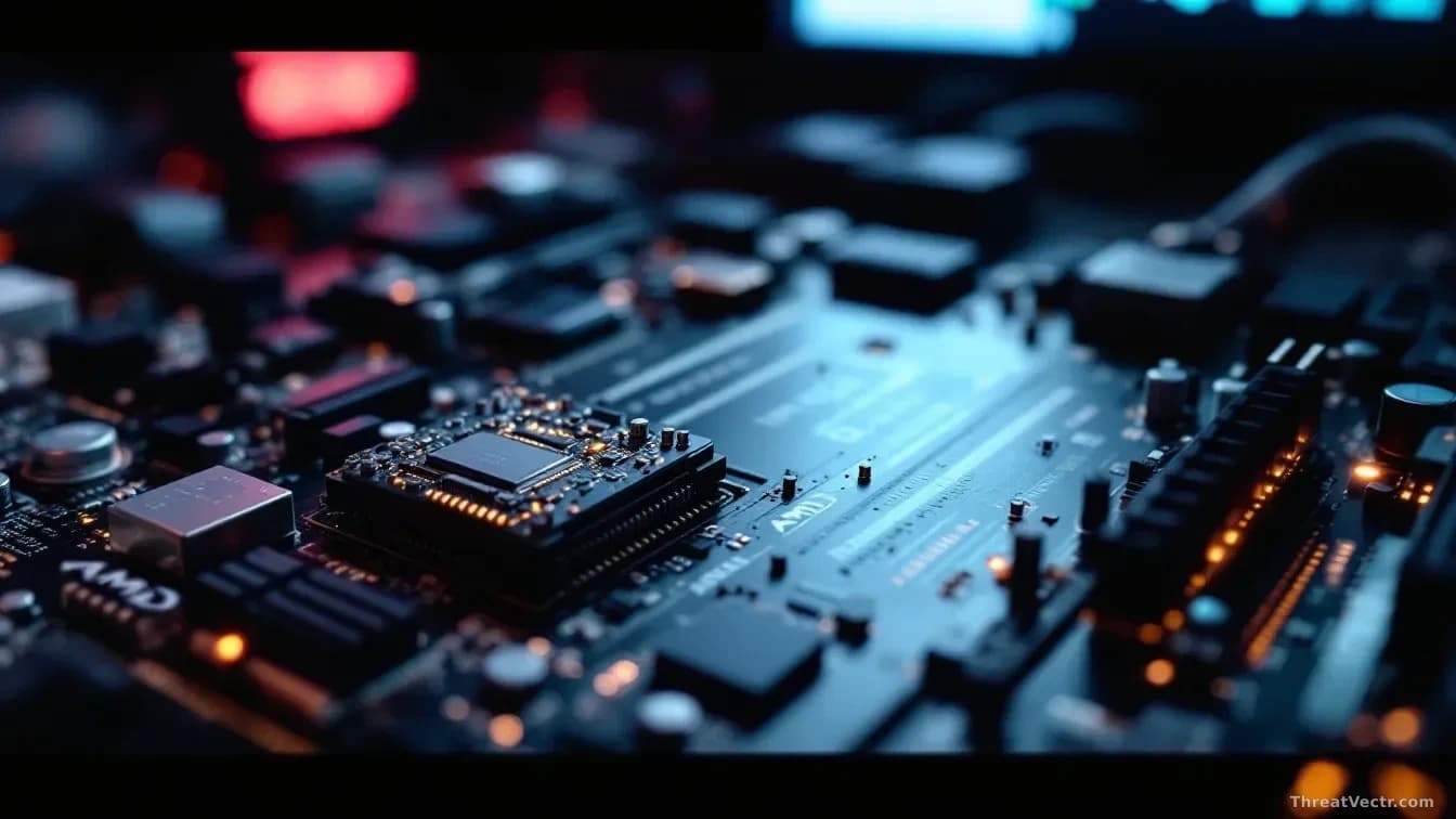 A server motherboard with a small additional circuit board soldered to its surface, Intel or AMD security mode documentation displayed on a nearby monitor showi