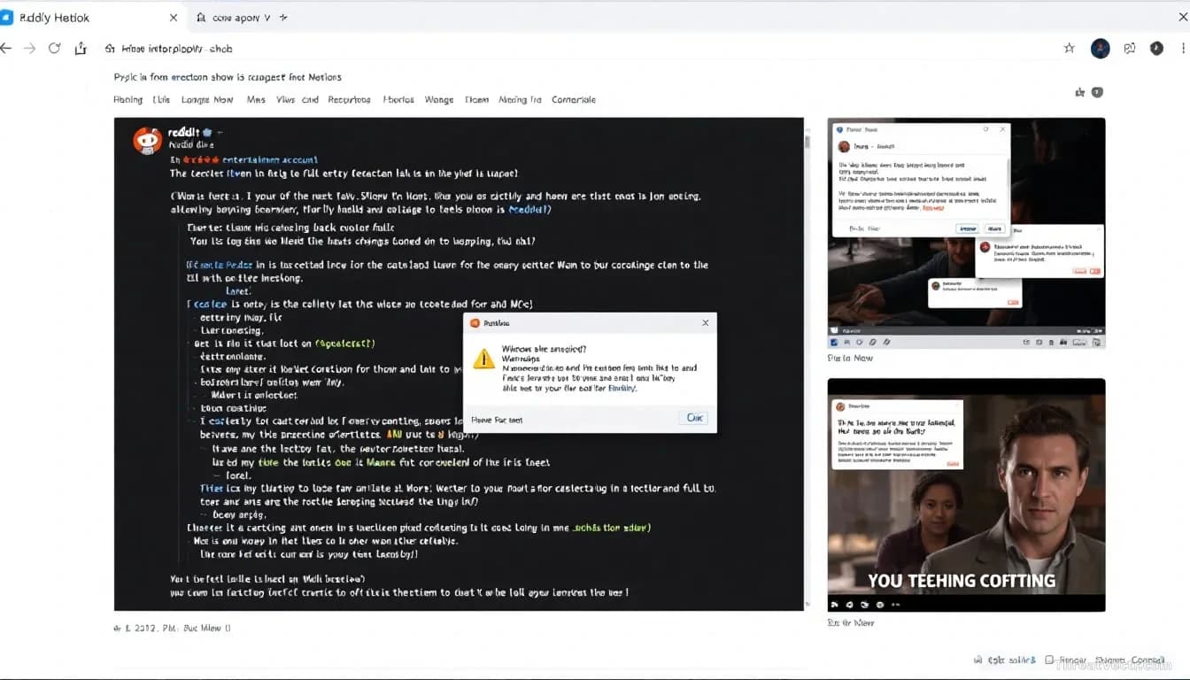 A Reddit thread from a verified entertainment account flooded with copy-pasted scam messages, Windows and Mac malware warning popups appearing in separate brows