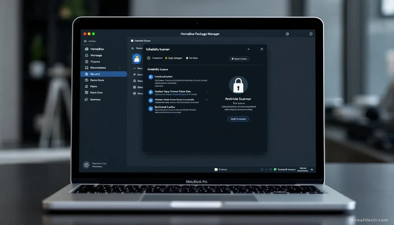 A MacBook Pro screen displaying the Homebrew package manager interface with a vulnerability scanner panel open, security notification badges visible, and a rest