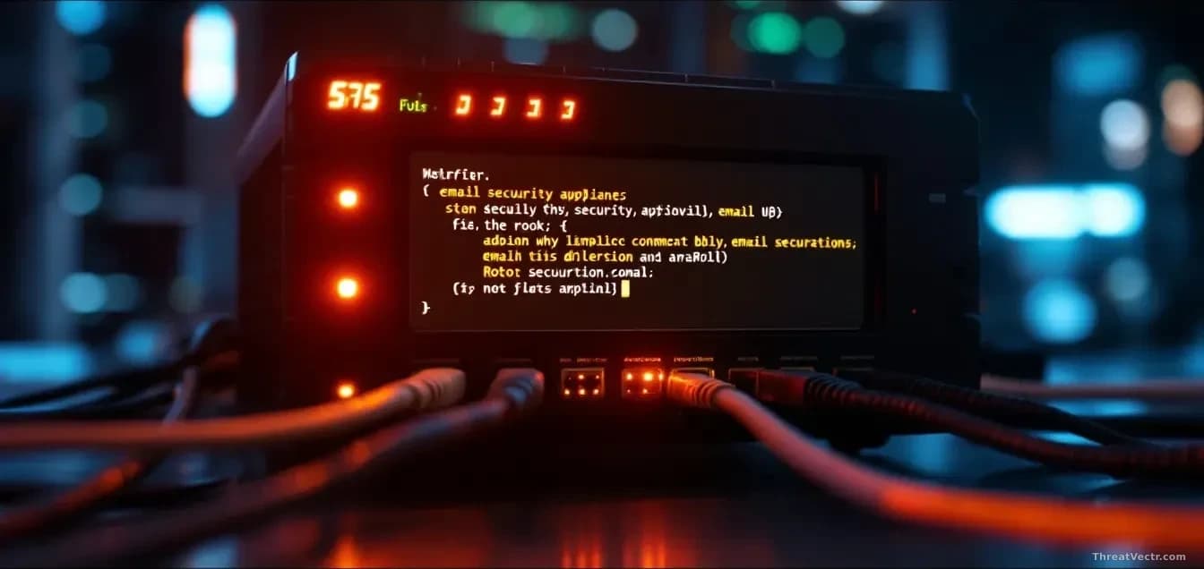 An email security appliance device with its status lights glowing, a terminal window open in front showing command execution with root permissions, and network
