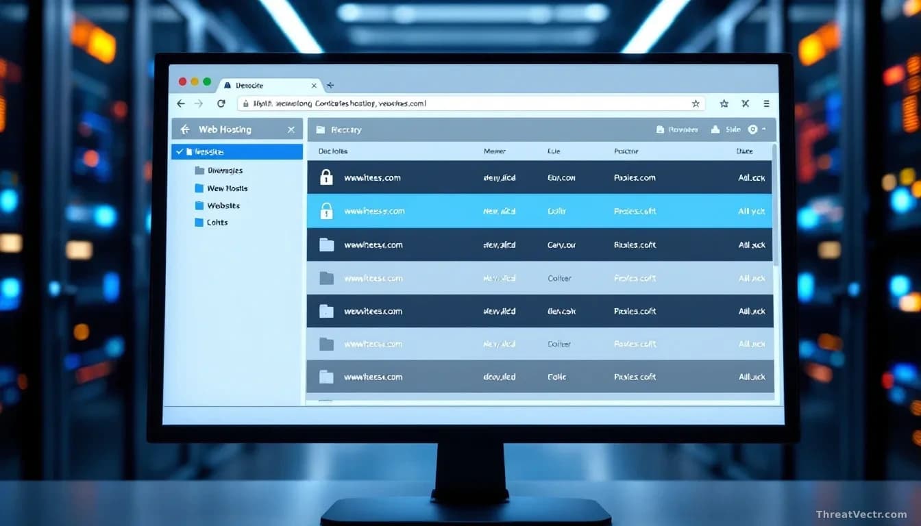 A web hosting control panel open on a monitor showing multiple website directories, with one highlighted folder containing a lock icon being bypassed, the backg