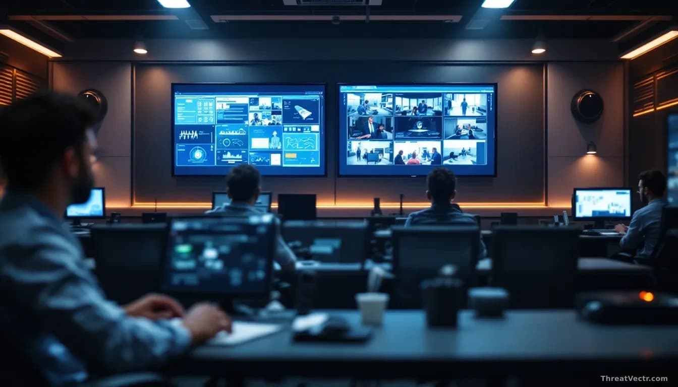 A security operations center split into two separate divisions—one team monitoring digital threats on screens, another team on a different floor reviewing physi