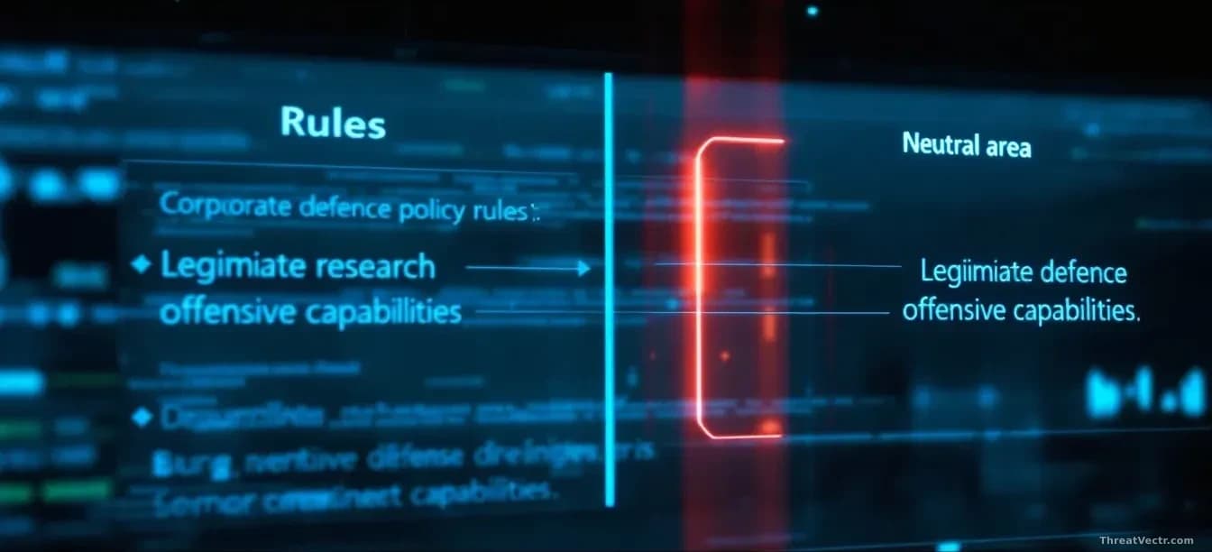 A corporate policy document or ruleset displayed on screen with clearly defined sections separating legitimate defense research from offensive capabilities, a M