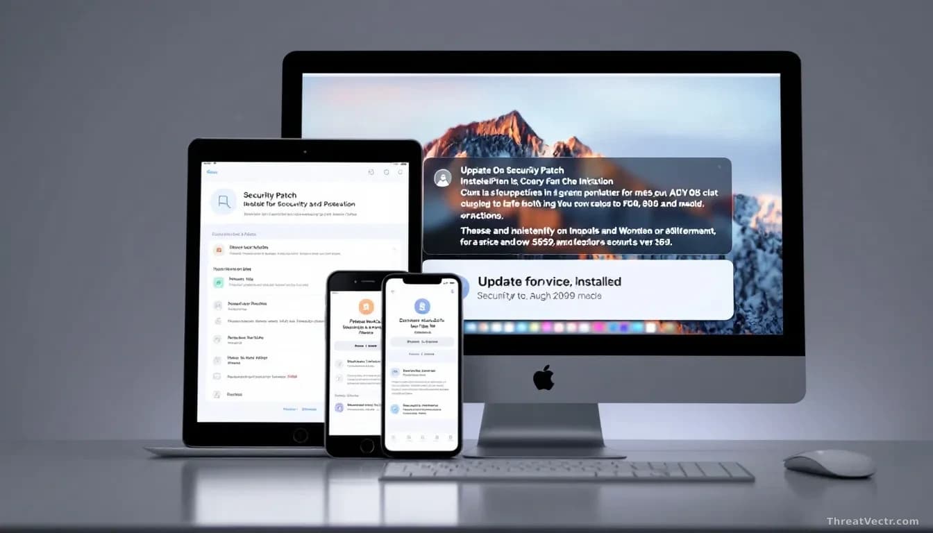 An Apple device ecosystem displayed together—iPhone, iPad, and Mac—each showing the update installation screen with security patch notifications and version num