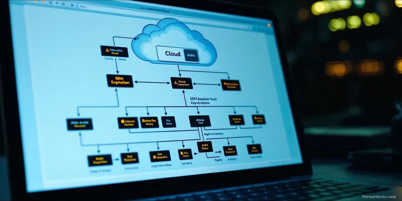 A cloud infrastructure diagram displayed on a laptop screen in a dimly lit environment, with SSH bastion host highlighted and attack pathways traced in real-tim