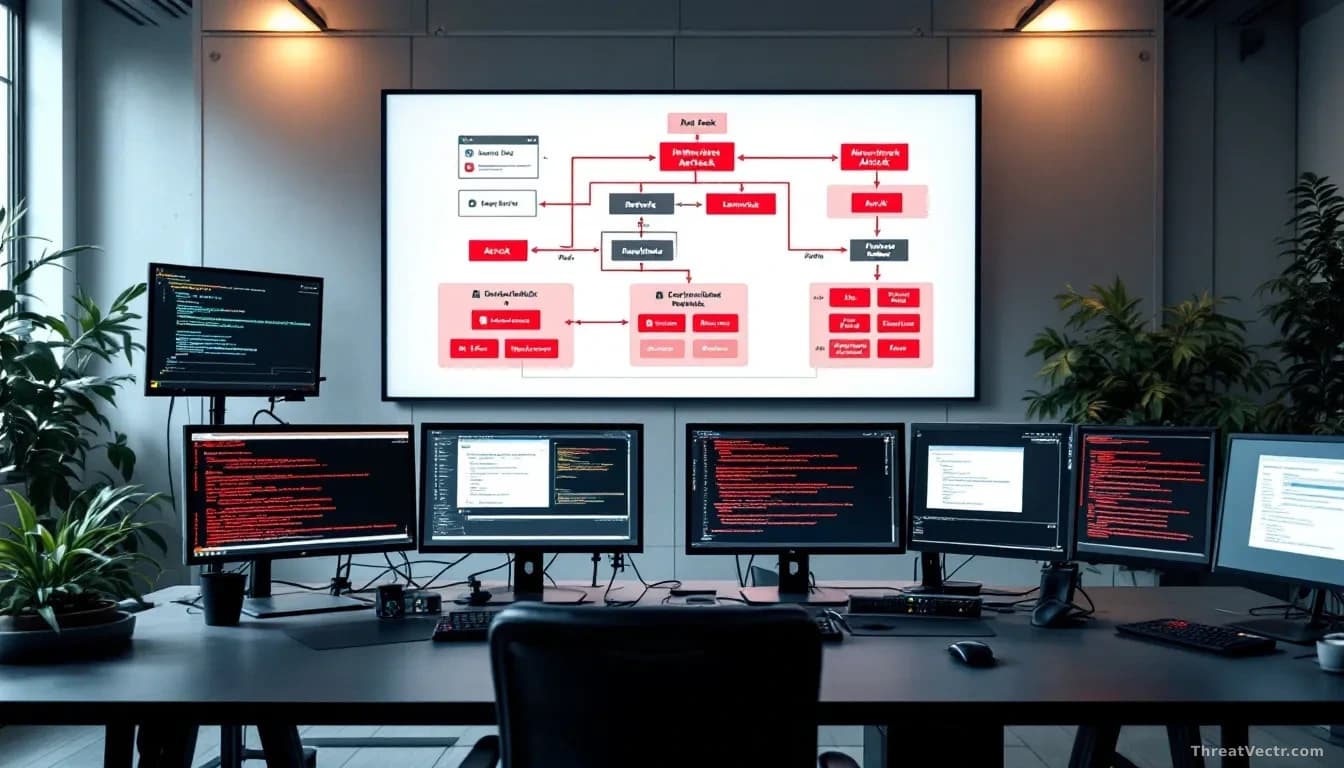 A security testing lab with isolated network segments, showing individual attack techniques being tested in separate sandboxes on multiple monitors, while a cha