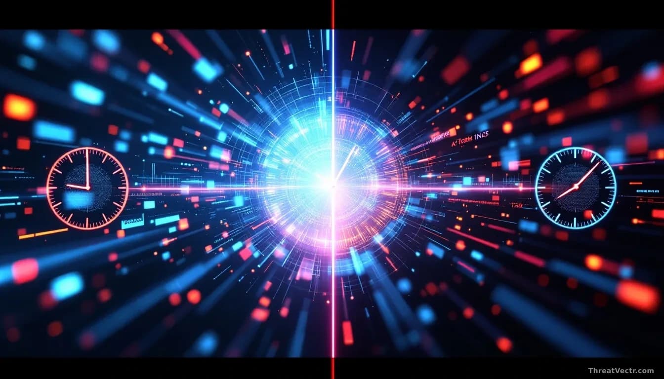 A split-screen visualization showing attack timeline accelerating on one side with AI-driven exploitation, defense response lagging on the other side, with cloc