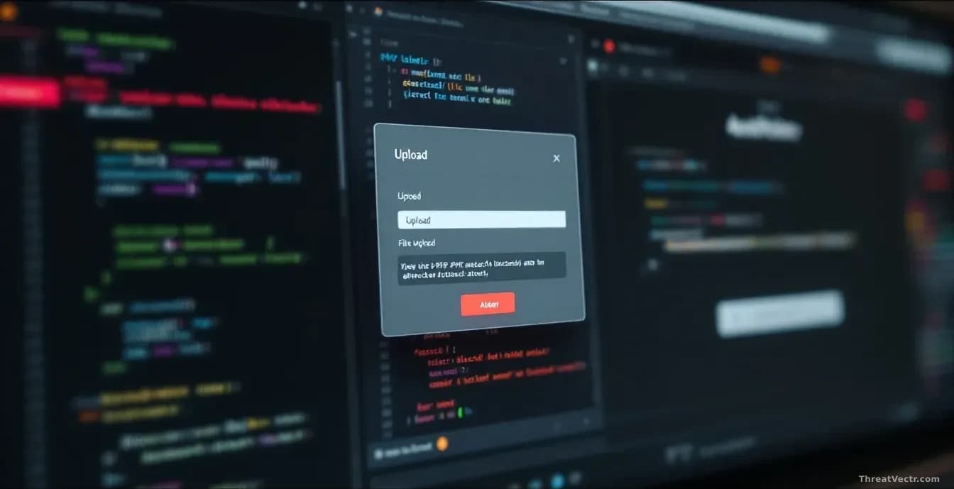 An e-commerce website backend showing a file upload dialog box, with PHP webshell code visible in the editor beneath, and an alert badge showing blocked attack