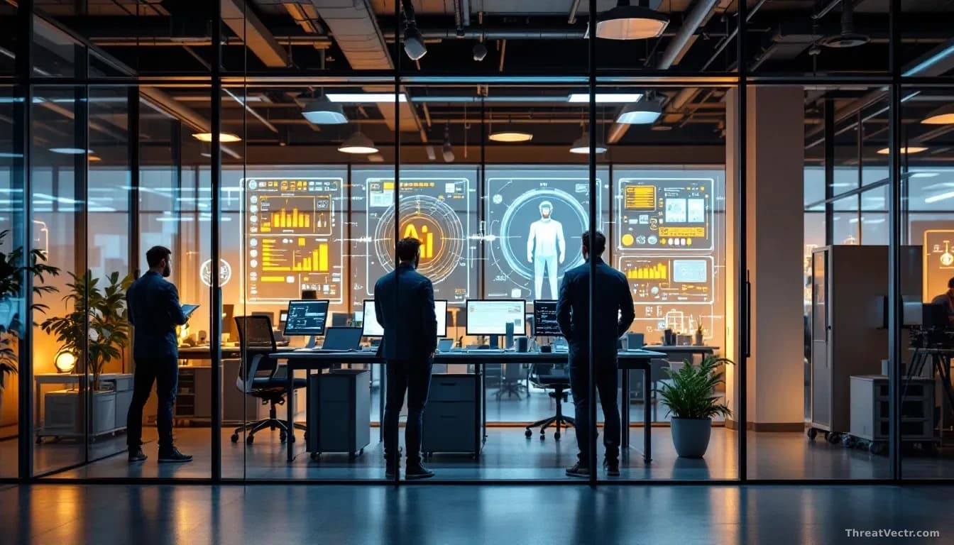 A modern startup office with glass walls and tech equipment, engineers working at standing desks, with visualizations of physical machines and AI infrastructure