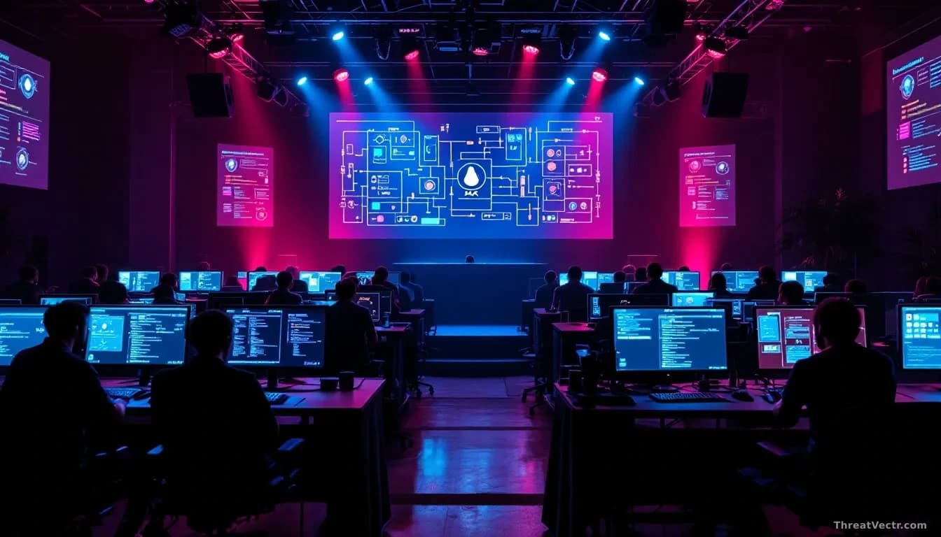 A competitive hacking event setup with multiple workstations, live leaderboards displaying submission counts, and technical diagrams of Linux kernel architectur