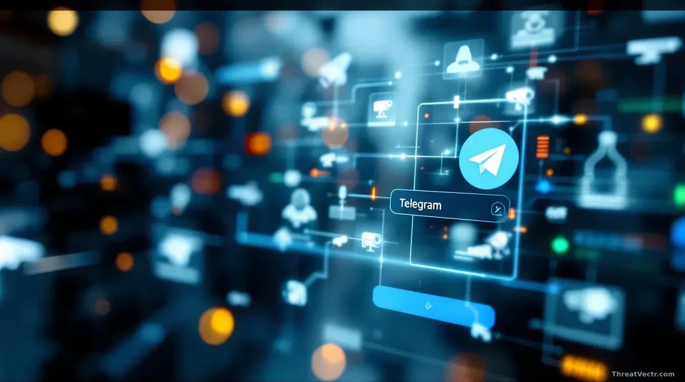 A smartphone screen displaying the Telegram messaging app interface, with surveillance camera icons and technical monitoring overlays visible in the background,