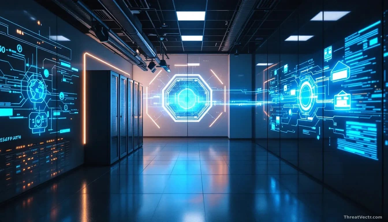 A high-tech laboratory setting with network diagrams projected on walls, server infrastructure visible, and digital code flowing across transparent screens show