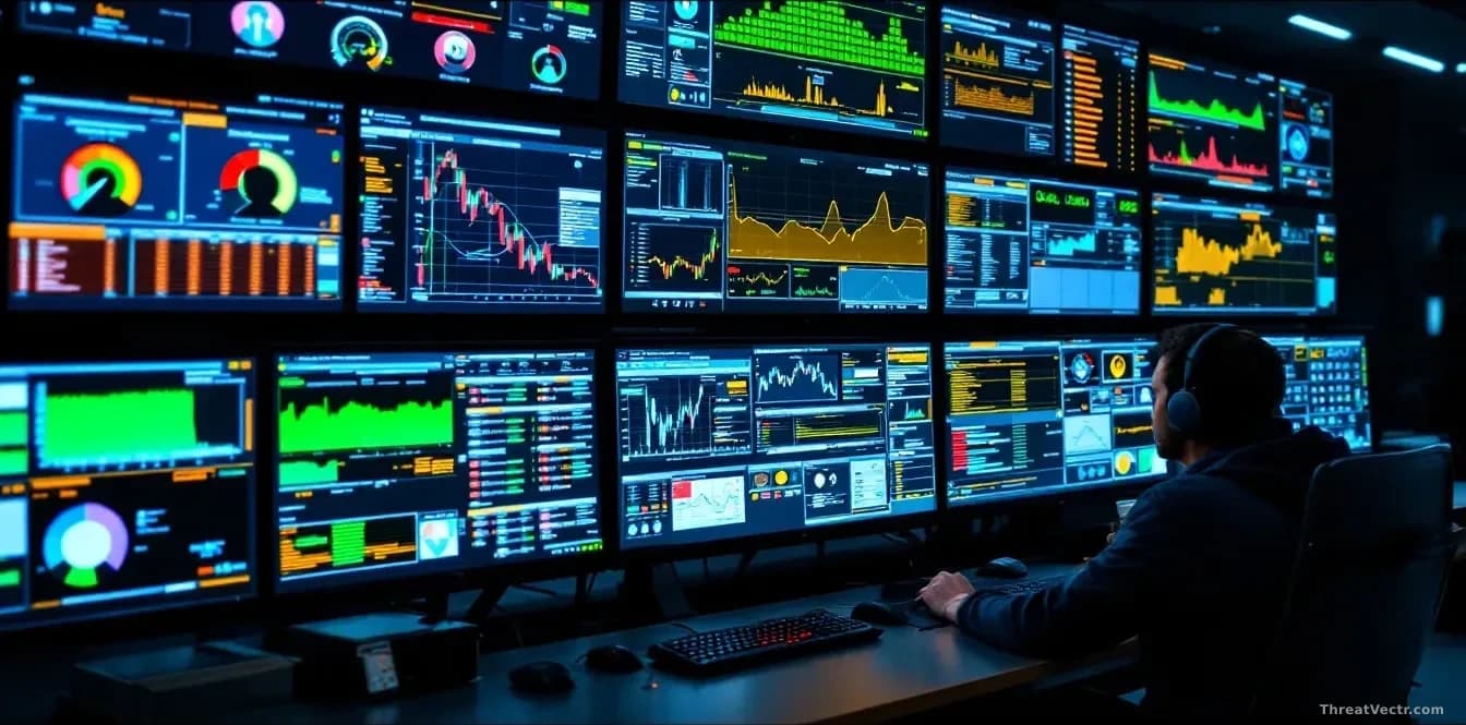 A security operations center with multiple monitoring screens showing real-time dashboards, some displaying green status indicators while others show concerning