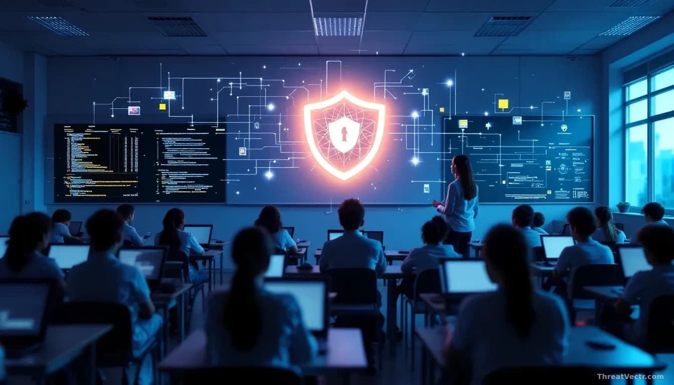 A school classroom with student laptops open on desks, a teacher at the front, and a glowing shield icon superimposed over the scene representing data protectio