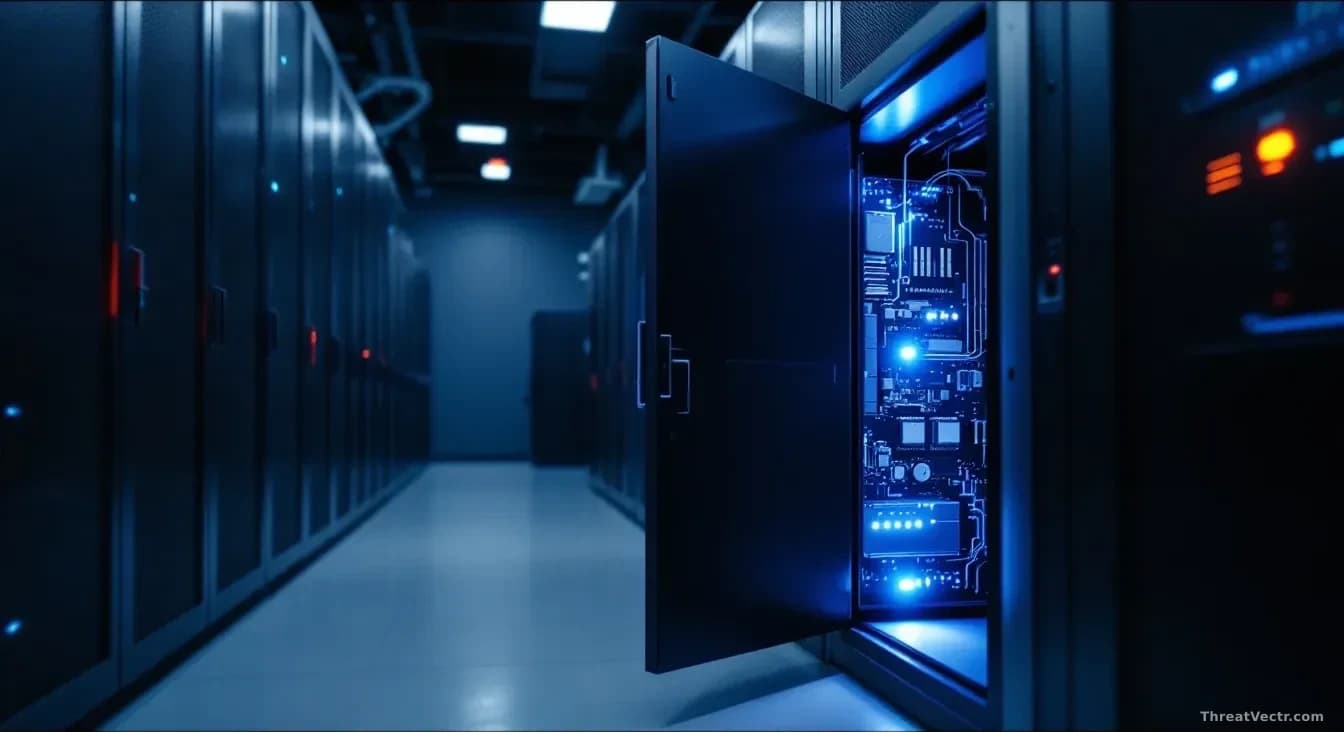 A server room with multiple dark tower units and blinking status lights, with one unit's access panel slightly ajar revealing the internal circuitry, suggesting
