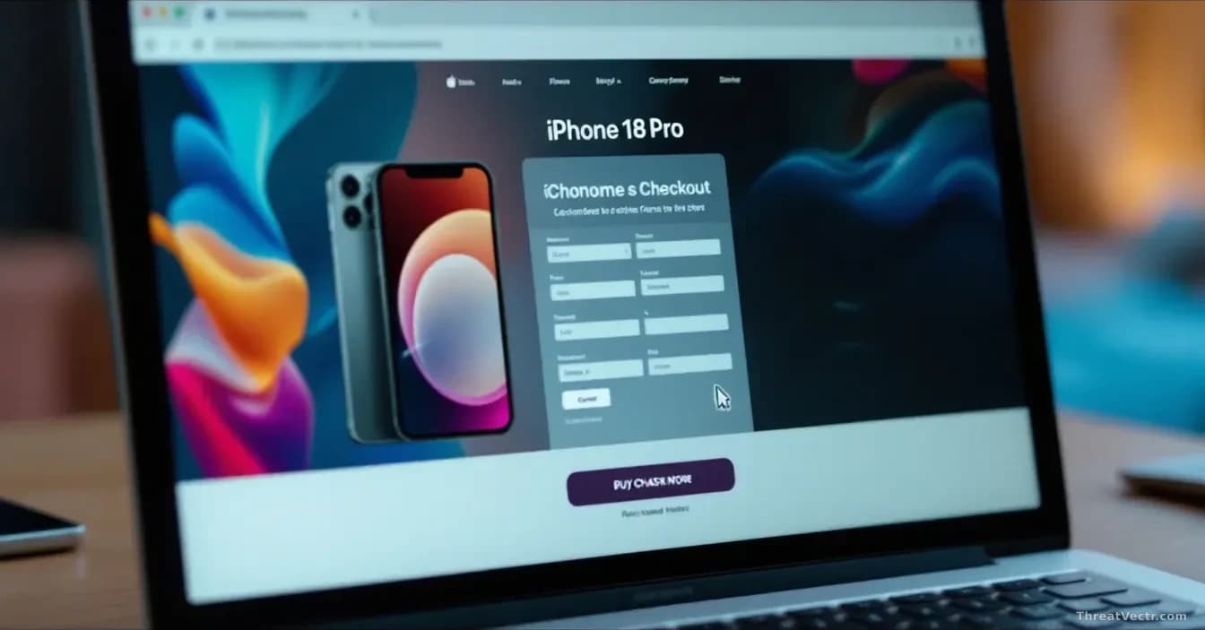A laptop displaying a counterfeit e-commerce checkout page designed to mimic Apple's official store, with iPhone 18 Pro imagery and payment forms, while a curso