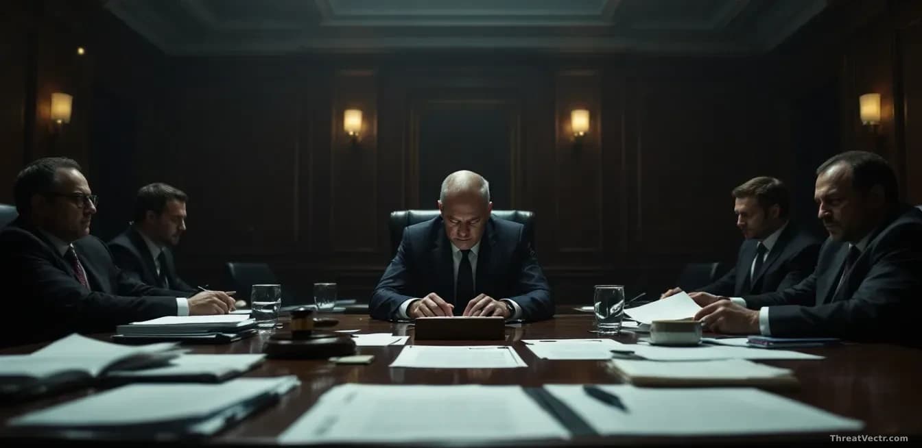 A corruption inquiry hearing room with legal proceedings underway, documents and evidence displayed, conveying the serious atmosphere of alleged surveillance an
