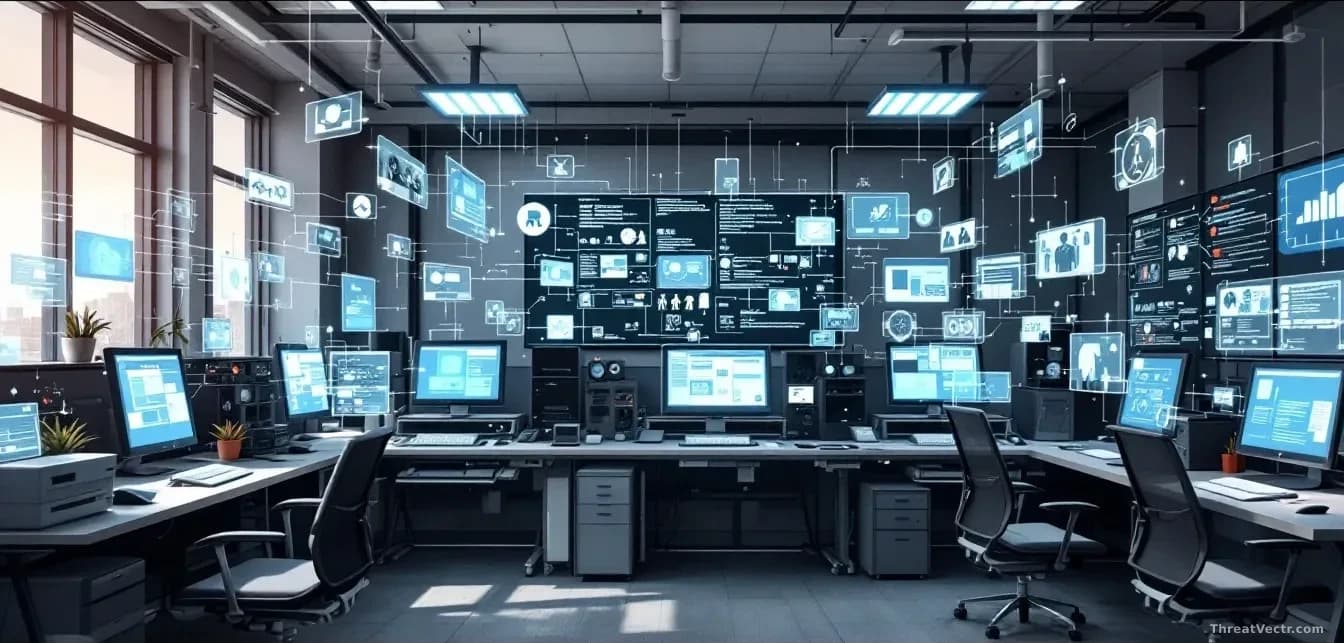 An Australian government office environment with aging computer equipment and legacy systems, surrounded by visual representations of AI-powered attacks probing