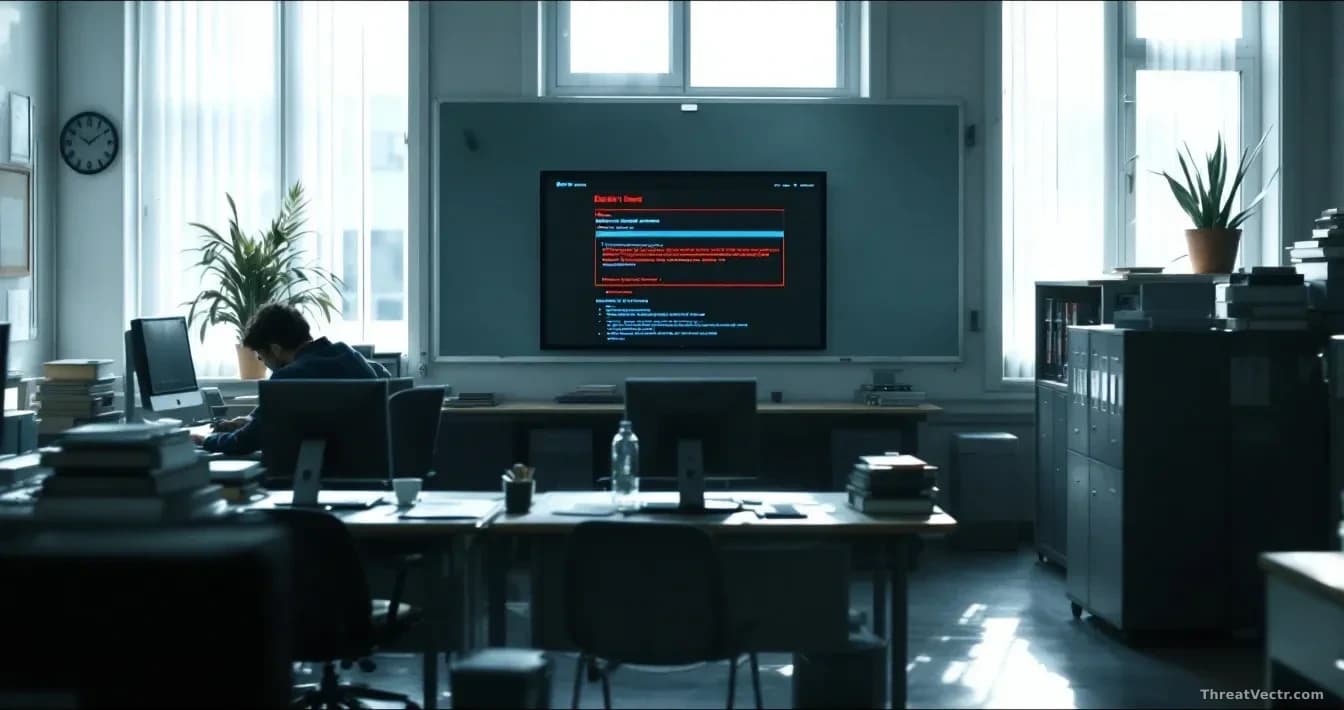 A school office setting with computers and filing systems representing student records, with a dark web marketplace or ransom demand notice displayed on a separ