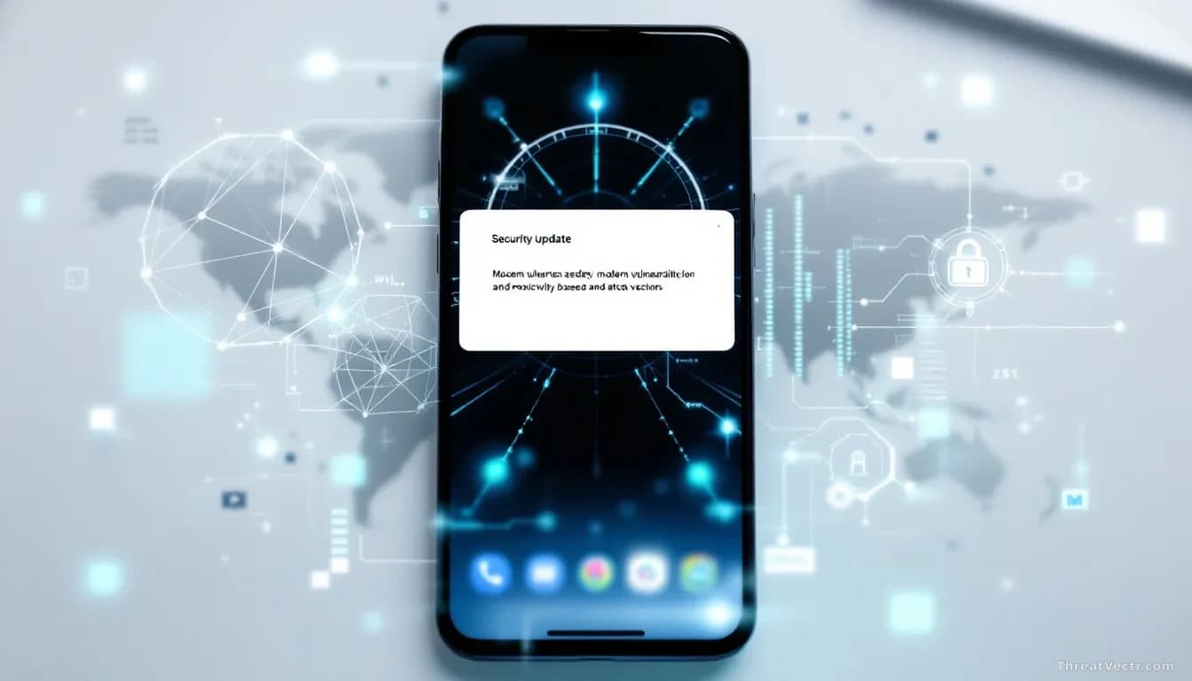 A Pixel smartphone sitting on a desk with a security update notification displayed on its screen, surrounded by digital representations of modem vulnerabilities