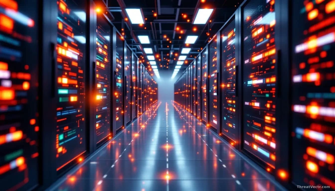 An Oracle data center or server infrastructure with multiple systems simultaneously receiving security patches, represented by flowing update data and progress