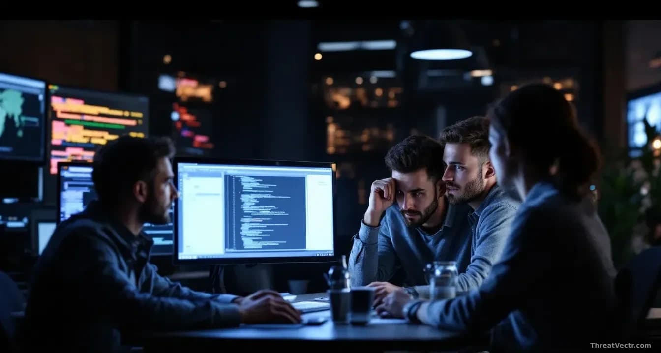 A software development and security team collaborating in a modern office, with AI-generated code and vulnerability detection systems visible on multiple screen