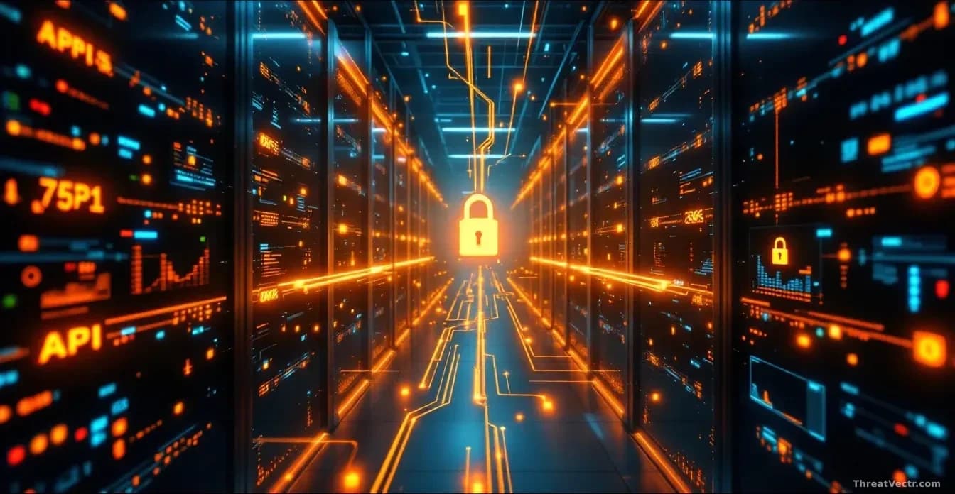 An enterprise data center with highlighted API server infrastructure, digital locks breaking open, and credential tokens flowing through network pathways as ala