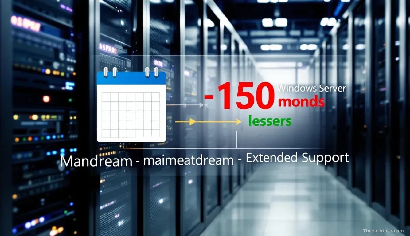 A data center environment with server racks running Windows Server systems, a calendar or timeline graphic overlaid showing the transition from mainstream to ex