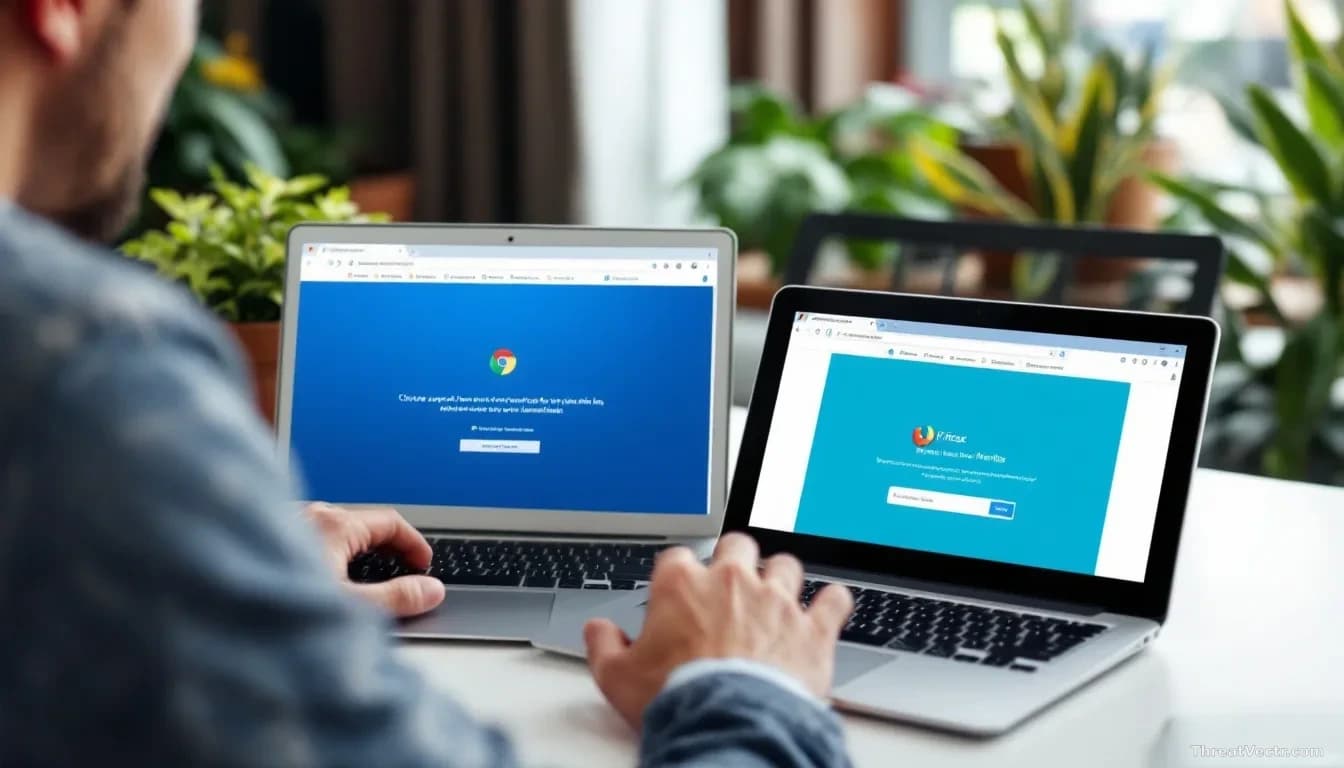 A user at a laptop with Chrome and Firefox browser windows both open on screen, each showing update notifications or completed update confirmations displayed si