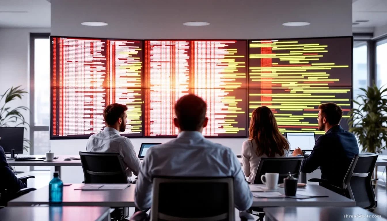 A security team in a modern office receiving a briefing, with large monitors behind them displaying thousands of security alerts stacked vertically, representin