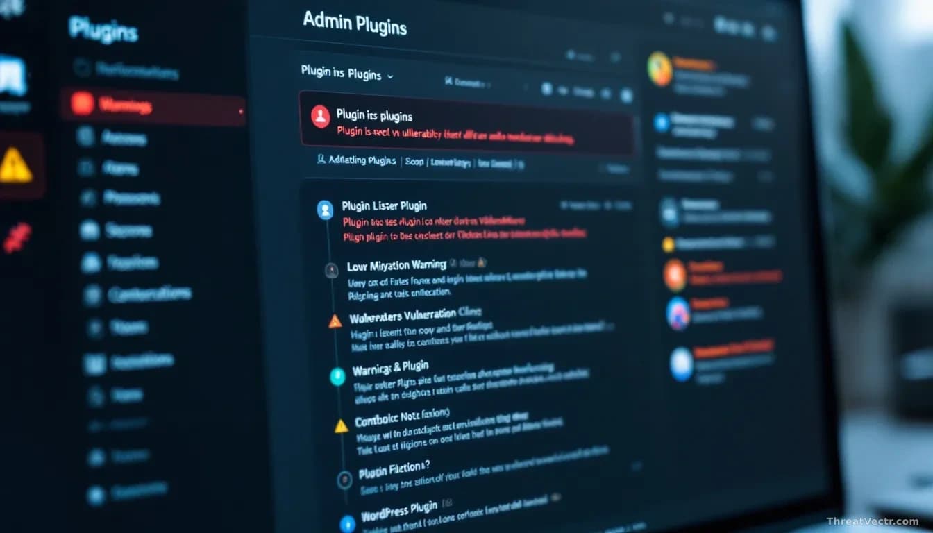 A WordPress admin dashboard on a computer screen showing a plugin list with one plugin highlighted in red, representing vulnerability, while warning notificatio