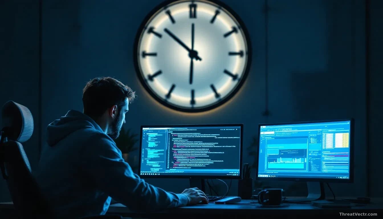 A cybersecurity analyst working late into the evening, surrounded by monitors displaying vulnerability bulletins and exploit code, racing against time as clock